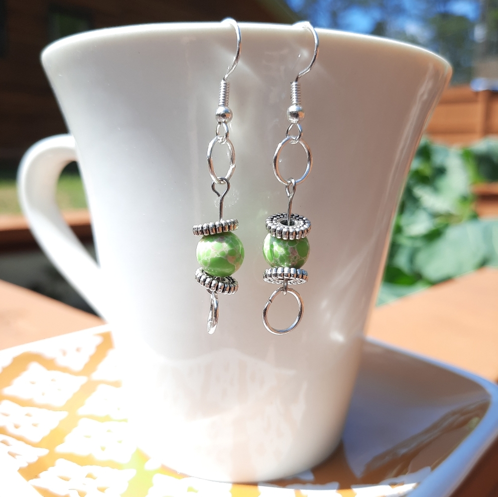 Green King Stone Tibetan Bead Dangle Earrings